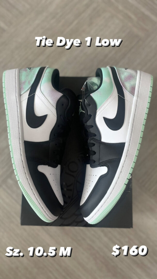 A pair of size 10.5 men's "Tie Dye Jordan 1 Low" sneakers with black and white panels, green and white tie-dye accents, displayed for sale at $160.