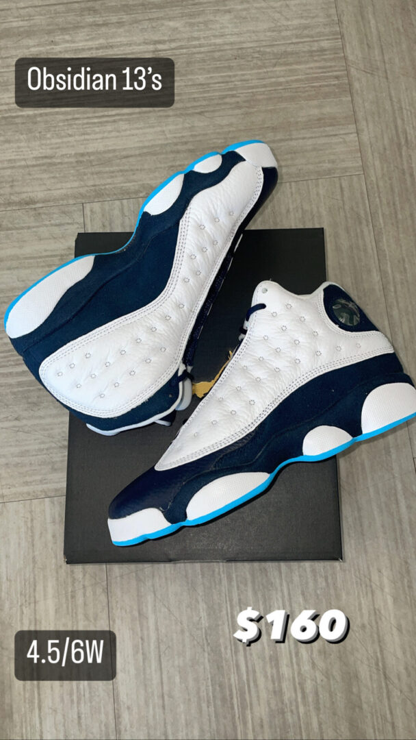 A pair of Obsidian 13's basketball sneakers displayed on their box, with a price tag of $160 labeled on the image.