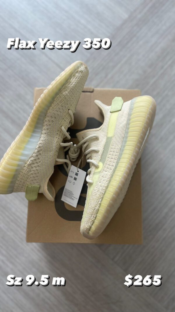 A pair of flax yeezy 350 sneakers, size 9.5m, priced at $265, placed atop their box on a grey floor.