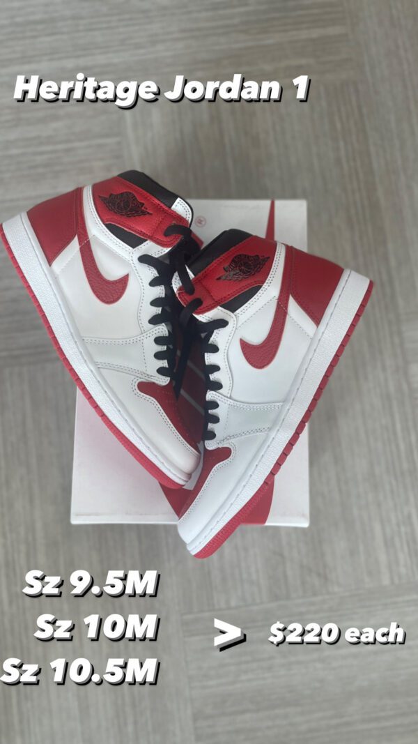 A pair of Heritage Jordan 1 sneakers displayed on their box, featuring red and white colors, available in sizes 9.5m, 10m, and 10.5m, priced at $220 each.