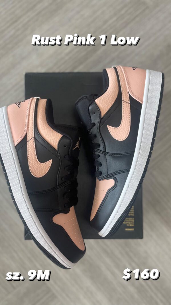 A pair of Rust Pink 1 Low sneakers in size 9m, priced at $160, displayed on a gray background.