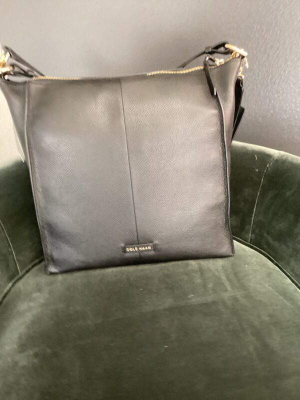 A "Cole Hana Bag" with a zip top, sitting on a green velvet chair. the bag has a visible logo at the bottom.
