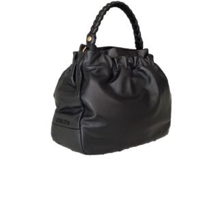 Miu Miu Hobo Bag with a braided handle and cinched design, isolated on a white background.