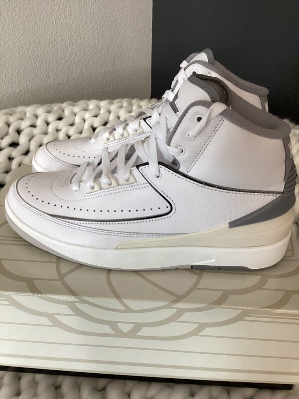 A pair of Air Jordan 2 Retro high-top sneakers displayed on a white surface against a gray background.