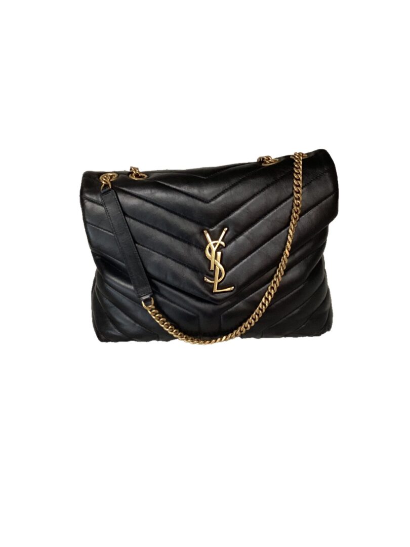 Black quilted leather Pre-Owned YSL Loulou shoulder bag with a gold ysl logo and chain strap, isolated on a white background.