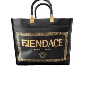 Fendi Mini Tote designer handbag with gold-tone handles, featuring a prominent "fendace" logo surrounded by a greek key pattern.