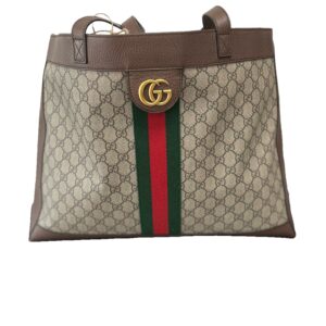 Pre-Owned Gucci Tote with a prominent gold logo and a red and green striped center detail.