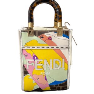 A Fendi Mini Tote with colorful abstract art and a brown patterned handle, isolated on a white background.