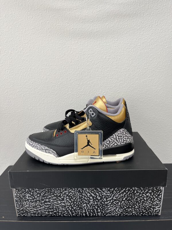 Black and gray Nike Dunk Low Wheat/Sail Black sneaker with gold accents and a patterned design, displayed on a matching box with a brand logo plaque in front.